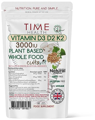 Vitamin D3, D2, K2, Natural Wholefood Plant Based 3000IU - Zero Additives - Pullulan (60 Capsule Pouch)