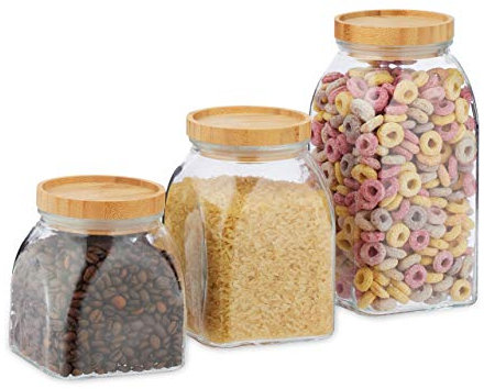 Relaxdays bocaux en verre lot de 3, 600,1000,1400 ml, pour céréales, pâtes, couvercle en bambou, transparent/nature