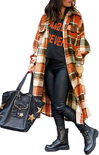 UANEO Plaid Coat Women Button Down Long Plaid Jacket Fall Flannel Trench Coat (Red-M)