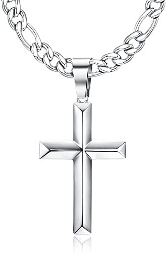 Milacolato Kreuz Halskette Damen Herren, 925 Sterling Silber Abgeschrägten Anhänger Kreuz Ketten Pendant Mit Edelstahl Diamant Schnitt Zarte Hochglanz Polierte Figaro Chain Necklace Men Women 51-66cm