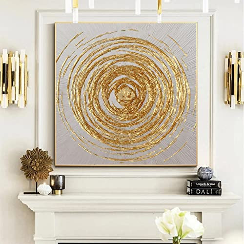 Jianghu Art Grande Cerchio Dorato Dipinto Ad Olio su Tela Moda Astratta Originale Minimalista Foglia Oro Incorniciato Arte della Parete Pittura Soggiorno 90x90cm(35x35in) Con Cornice