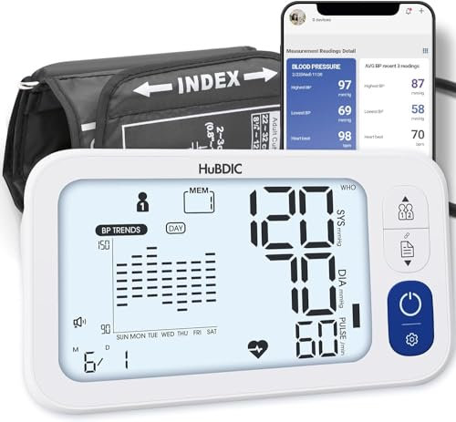 HubiCare Automatic Blood Pressure Monitor, Potable Digital BP Measuring Machine for Home Use, Adjustable Large Cuff, 3 User Mode, Bluetooh Connection & Save Data in APP for iOS & Android | TMB-2088