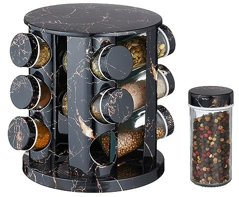 Relaxdays Carrusel Negro con Aspecto Especiero Giratorio con 12 Botes, Dosificadores, Rotatorio, Soporte Especias Rellenables, Efecto Mármol, Acero Inoxidable, 22 x 19 x 19 cm