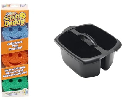 Scrub Daddy Colors, Sponge Scrubber Multipack, Dish Sponges for Washing Up & Addis 516932 Utility Cleaning Caddy with Twin Compartment and Handle, Black, 32 x 38.5 x 20 cm