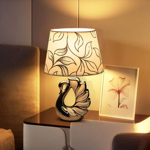 Aigostar Beside Lamp, Table Lamps for Living Room, Bedside Table Lamp with On-Off Switch, E14 Base Bedroom Lamp with Linen Lampshade, Swan Ceramics Base Desk Lamp for Reading, Study, Office