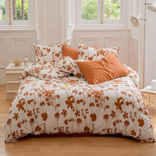 Orange Farbe BettwäSche 135x200 Blumen BettwäSche-Sets Weich & Bügelfrei Bettbezüge, 3teilig Microfaser Bettbezug Set mit Reißverschluss - 1 Bettbezügen & 2 Kissenbezügen 80x80