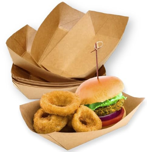 Clearly 300 Kraft Paper Food Trays 22x11.5cm for Serving Party Buffet, Disposable BBQ Paper Food Boats for Snack, Salad, Nachos, Hot Dog, French Fries, Cardboard Takeaway Containers