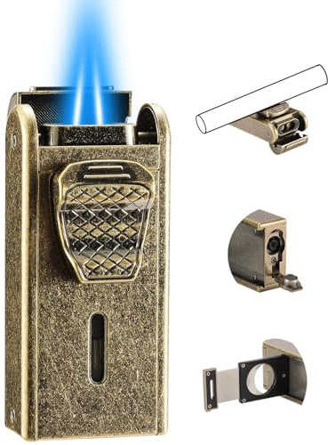 Double Jet Flame Torch Lighter, All in One Gas Lighter Built-in Cutter, Punch, Holder Function, Refillable and Adjustable Windproof Butane Lighters, Gifts for Men, Golden. (Sold Without Gas)