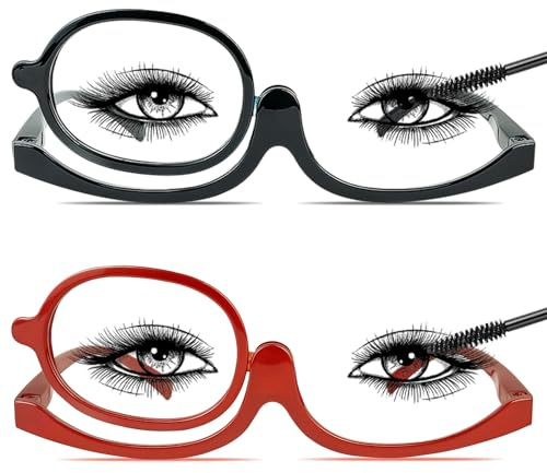 Chiccool 2 Pack Makeup Reading Glasses for Women Magnifying Flip Down Cosmetic Readers with Spring Hinge (Black+Red,+2.25)
