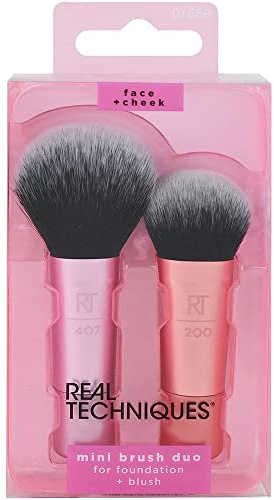 REAL TECHNIQUES Mini Brush Foundation and Blush Duo, Travel Size, For Loose Blush and Liquid Foundation, 2 Piece Set, Multicolor