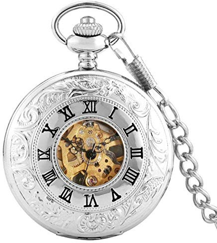MRKU Taschenuhr, roségold/Silber, mechanische Taschenuhr, hohles Skelett, Zifferblatt mit römischen Ziffern, analoges Skelettgehäuse, Handaufzug-Kettenuhr
