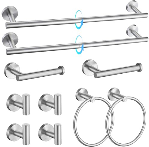 TQKAG Set di accessori per il bagno in nichel spazzolato, 10 pezzi, in acciaio inox SUS304, con portasciugamani rotondi da 60 cm, per bagno a parete