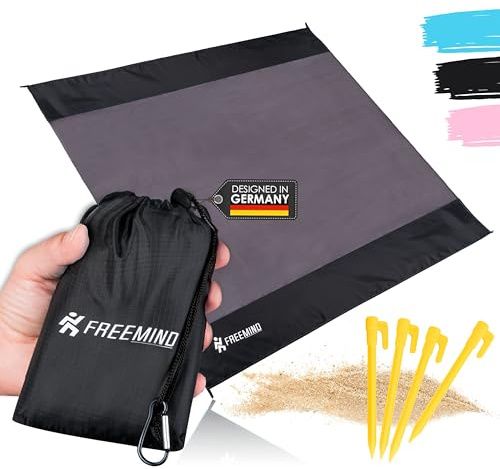 freemind Outdoor Picknickdecke - ultraleichte, dünne Stranddecke - 2 x 2 m - wasserabweisend, kompakt, sandfrei - mini Pocket Blanket - inkl. Tasche, 4 Heringen, Karabiner (Grau-schwarz 2x2 m)