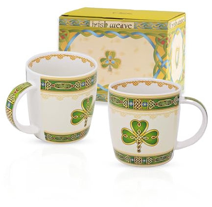 GaelSong Service à thé en porcelaine anglaise Motif trèfle irlandais 2 tasses celtiques fabriquées en Irlande 354,4 g Coffret cadeau Passe au lave-vaisselle