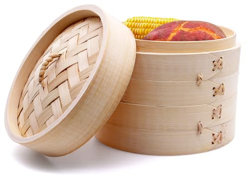 PWGHWG Vaporera de bambú de 2 niveles con tapa, cesta de vapor de bambú de 21 cm, con 2 alfombrillas de silicona para cocinar al vapor, arroz, dim sum, verduras, carne (L)