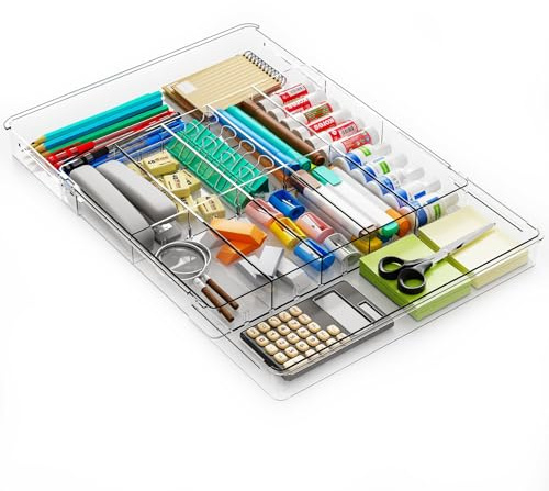 Yieach Large Expandable Desk Drawer Organizer Tray for Office Supplies and Accessories With 12 Adjustable Compartments,Office Drawer Organizers for Pencil,Pen and Kitchen Junk Drawer Organizer,Clear