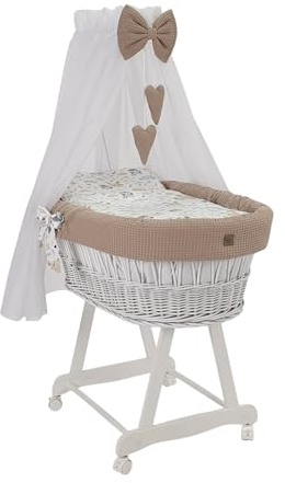 Wiklinopol Couffin Bébé avec Ciel de Lit – Berceau à roulettes en Osier avec Support – Ensemble Complet en Blanc avec 5 Pièces de Linge Nid d’Abeille Motif Lapin & Chouette Beige