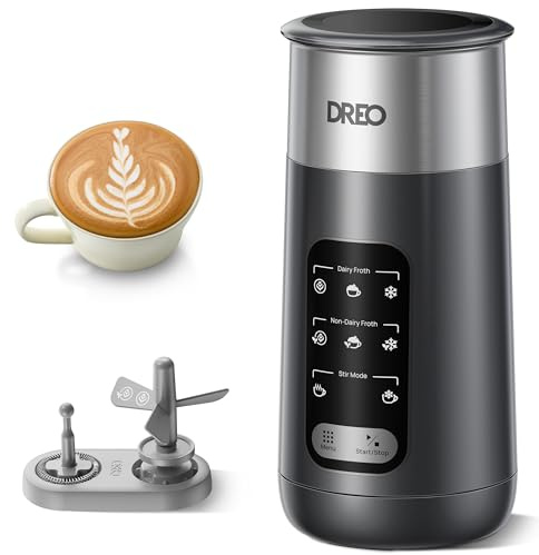DREO Milk Frother, 8-in-1 Electric Stainless Steel Frother for Latte Art Microfoam and Coffee, 9oz/270ml Warm and Cold Foam Automatic Frothers, LED, Easy to Clean