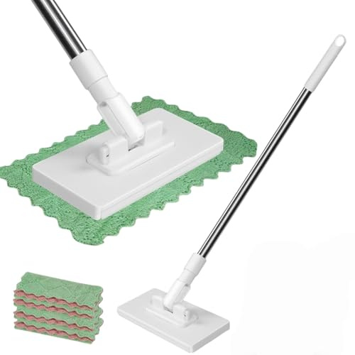 Scopa con frange 2025 con sistema di serraggio a pressione, senza lavaggio a mano, cambio con semplice pressione di un pulsante, serraggio automatico del panno, scopa con 4 panni in microfibr