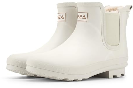 HISEA Women's Plush Rain Boots Waterproof, Chelsea Rubber Booties Women, Ladies Ankle Snow Boots for Winter Spring Garden Outdoor, White Size 7