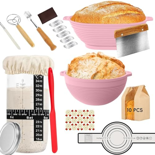 Tatqilo Sourdough Starter Kit, 9In Round & 11In Oval Bread Proofing Basket, Sourdough Proving Basket, Sourdough Starter Jar, Bread Making Accessories With Dough Whisk, Bread Lame, Dough Scraper-Pink