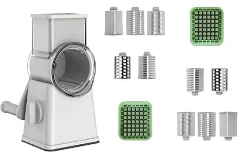 Cortador de verduras giratorio manual con acero intercambiable para rebanar rallar y herramienta de cocina en dados, cortador giratorio antideslizante con función de cubo