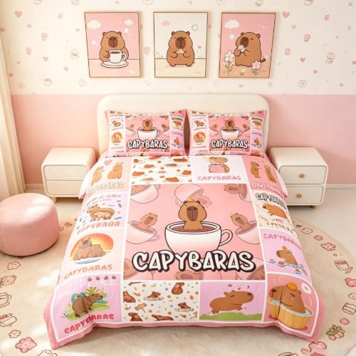 Loussiesd Capybara Parure de Lit Enfants Amoureux de Capybara Ensemble de Literie pour Garçons Adolescents Cartoon Cup Animaux Amants Housse de Couette 140x200cm Plaid Grid Rose Literie Set