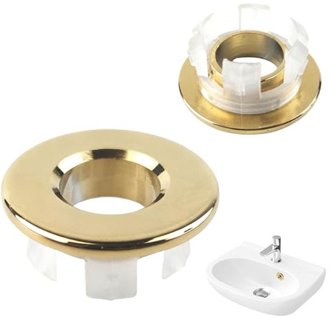 Basin Overflow Sink Hole Cover Black, Brass Bath Basin Overflow Ring for Bathroom & Kitchen, Round Overflow Hole Insert Cover Caps Replacement, Universal for Bathtub Bathroom Kitchen (Gold)