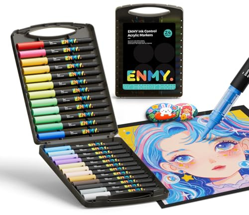 ENMY 24 färger kreativa akrylfärgmarkörer, vattenbaserade akrylmarkörer, penselspets, flytande akrylpennor, för trä, sten, duk, glas, tyg