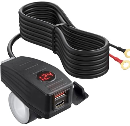 eSynic Enchufe USB C impermeable QC3.0 PD de doble puerto tipo C y USB de carga rápida para motocicleta, cargador de teléfono con adaptador de enchufe de alimentación de 12 V, voltímetro LED de 6 a 30