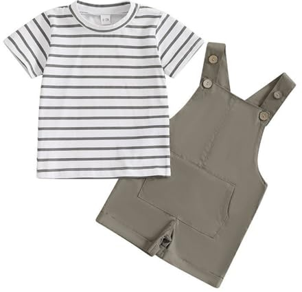 JENJON Abbigliamento Bambini Piccoli Polo a Maniche Corte con Contrasto Colletto +Salopette Pantaloni Casual Tinta Unita per Ragazzi 2 Pezzi Abiti Set Primaverili e Estivi verde3-4 Anni