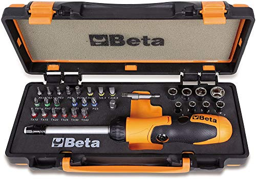 Beta 860/C38P - 1 portainserti con impugnatura a criccheto reversibile, 27 inserti per avvitatori, 8 bussole esagonali e 2 accessori in cassetta di lamiera con termoformato morbido