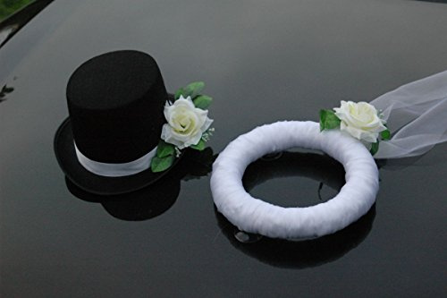 Schleier UND Hut Autoschmuck Rose Car Dekoration Hochzeit Wedding ®Auto-schmuck (Ecru)