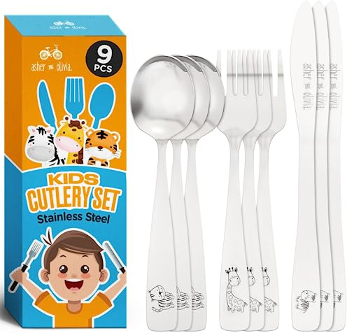 Kids and Toddler Utensils Silverware Set – 9-Piece Toddler Silverware Includes 3 Forks 3 Spoons and 3 Kid-Friendly Knives - kids Metal silverware Flatware Cutlery Set for Preschooler Baby Child