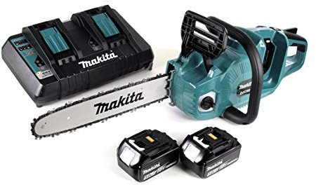 Makita DUC 355 PT2 - Motosega a batteria da 36 V (2 x 18 V) Brushless 35 cm + 2 batterie da 5,0 Ah + caricatore doppio