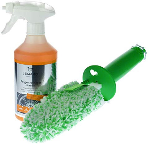 Jemako Felgenreiniger-Set,CleanStick Plus 15 cm, grüne Faser,Felgenreiniger, 500 ml-Nachkaufflasche,Schaumpumpe für 500 ml-Flasche, weiß,Klickbox (20 x 20 x 8 cm), leer