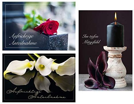 Merz Designkarten 12 (3 x 4 Stück) einfühlsame Premium-Trauerkarten/Beileidskarten im Set mit 12 Briefkuverts - Anteilnahme Trauerkarte, Spruch