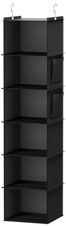 YOUDENOVA Hängeregal Schrankorganizer Stabiler 6 Fächern Kleiderschrank Organizer Ordnungssystem Hängeaufbewahrung mit MDF-Platten und Bambus-Stock verstärkt Schwarz