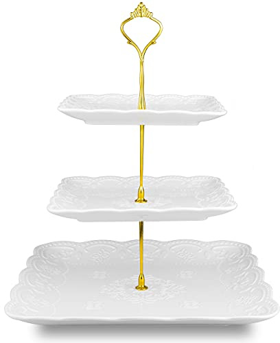 Nyxi Cake Stand Afternoon Tea White Ceramic Square Plates 3 Tier Cake Stand Porcelain Display with New Gold Crown Fittings