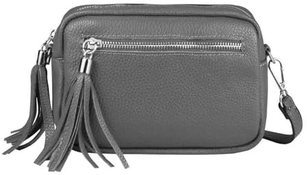 OBC Made in Italy Damen Leder Tasche Umhängetasche Schultertasche Beuteltasche Cross-Over Cross Bag Glattleder Schmucktasche Fransen Ledertasche (Grau)