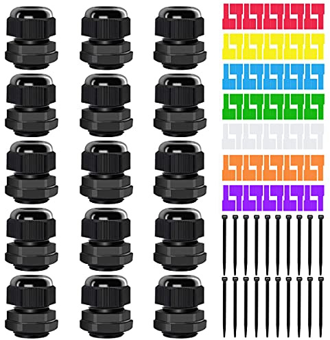 Youmile 15 Pz PG13.5 Pressacavo Impermeabile IP68 Regolabile 6-12mm Nylon Plastica Sigillo Filo Connettore per Scatola di Giunzione con 7 Pz Etichette Cavo, 20 Pz Fascette