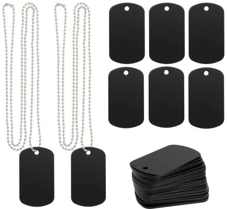 Blanko-Tags aus Aluminium, Stanzrohlinge für Hunde, Metallmarken, Gravur, Rohlinge mit Kugelkette, 25 Stück, Schwarz