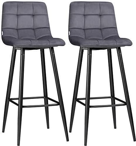 HOMCOM Barhocker 2er Set, Gepolstert Barstuhl mit Stahlgestell, Lehne, Samtoptik, Küchenstühle mit Fußstütze Tresenhocker für Küche, Wohnzimmer, Esszimmer Grau
