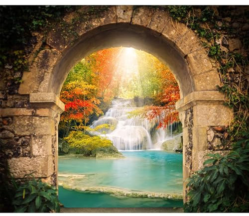 decomonkey Fototapete Wasserfall Fenster mit Aussicht 200x140 cm Design Tapete Fototapeten Tapeten Wandtapete moderne Wand Schlafzimmer Wohnzimmer 3D Effekt Stein Natur Landschaft Sonne Grün