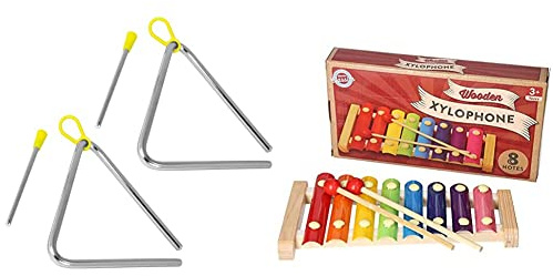 TIGER TRI7-2-MT 6 15cm Triangle Instrument with Beater - Pack of 2 & A to Z 01375 Wooden Xylophone, Multi