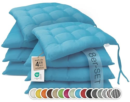 ZOLLNER 8er Set Sitzkissen in 40x40cm - gemütliche Stuhlkissen mit Bindebänder - waschbar bis 30°C - in türkis - Oeko Tex® Zertifiziert