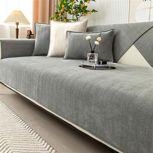 LINGKY Herringbone Chenille Fabric Furniture Protector Sofa Cover 1 2 3 Seater, Non-Slip Sofa Slipcovers for Corner L Shape, Thick Textured Couch Cushion Covers Furniture Protector (Grey,70x90cm)