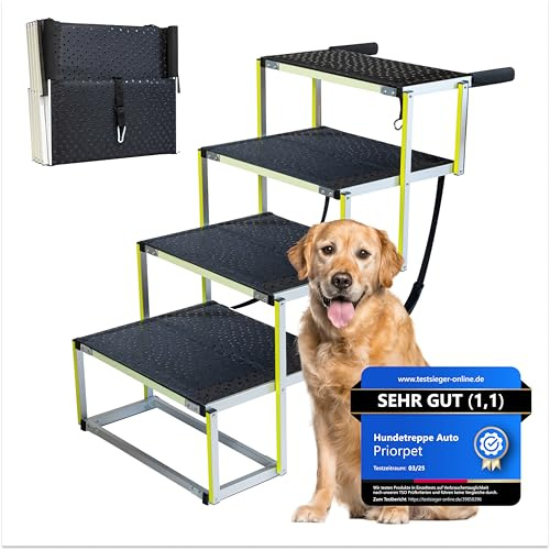 Scala per cani Auto pieghevole – Scala extra larga per cani grandi – Per auto alte e SUV – Passaggi luminosi di notte – Aiuto per articolazioni – Superficie antiscivolo – Fino a 105 kg – 4 gradini