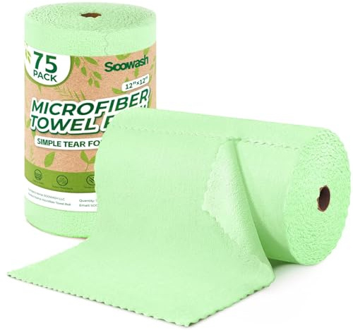 SOOWASH Microfiber Cleaning Cloths Roll 75 Pack 12x12 Inch Lint Free | Tear away design, lint free, washable, scratch free, ultra absorbent, for dish rags and household cleaning, Green color