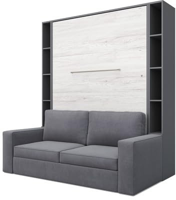 MAXIMAHOUSE Schrankbett vertikal mit Sofa und 2 Regalen, Invento LED 140V mit Lattenrost aus Holz, Wandklappbett 140x200 modern Concept und Design (Grau/Eiche Monaco + graues Sofa + Regalen)